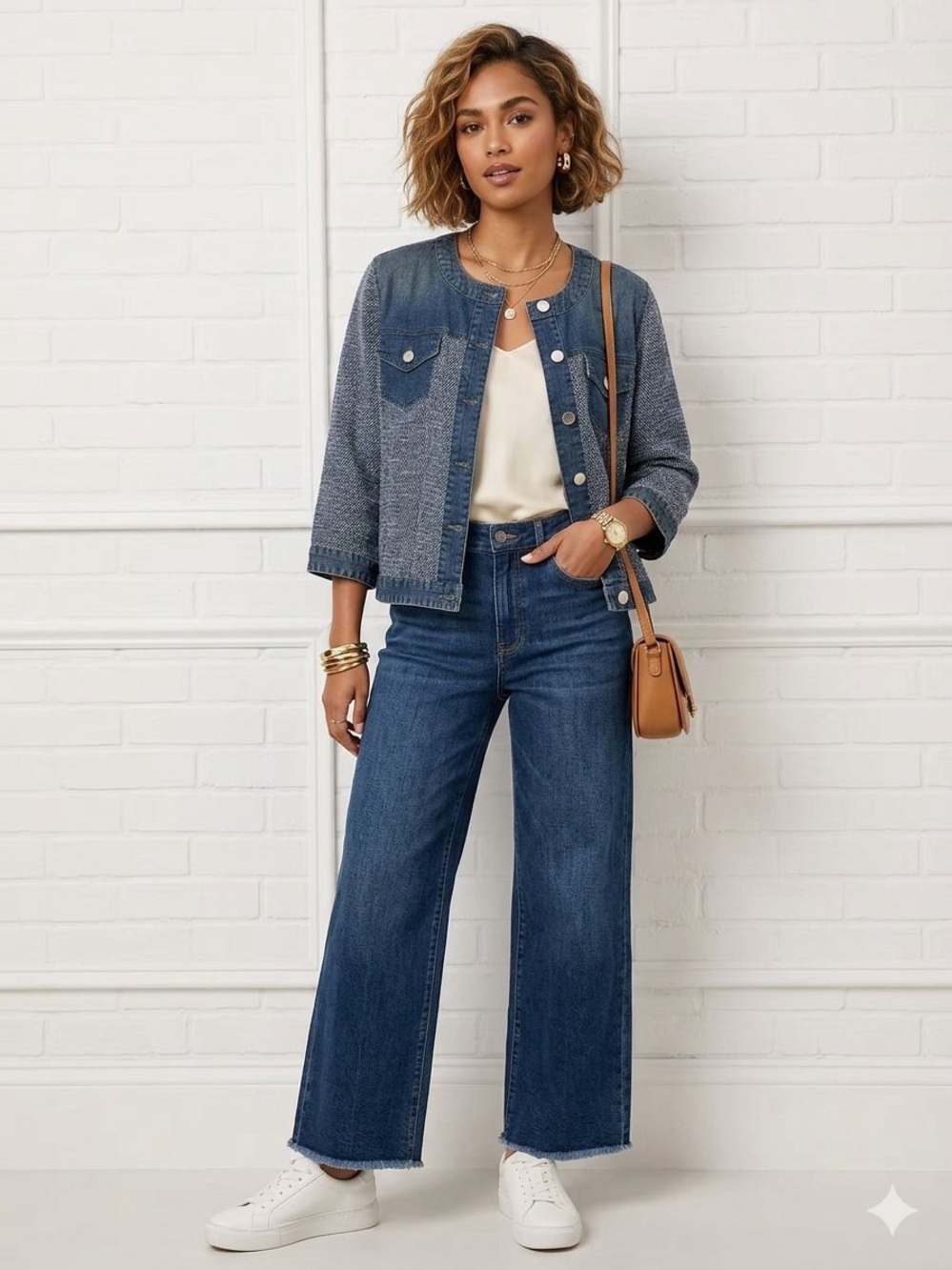 Chico’s Tweed & Denim Trim Collarless Jacket Sz 1 (Medium) Boho Chic - Picture 2 of 7